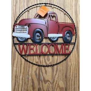 Glitzhome Metal Red Truck Welcome Sign Wall Decor Rustic Farmhouse Door Hanger